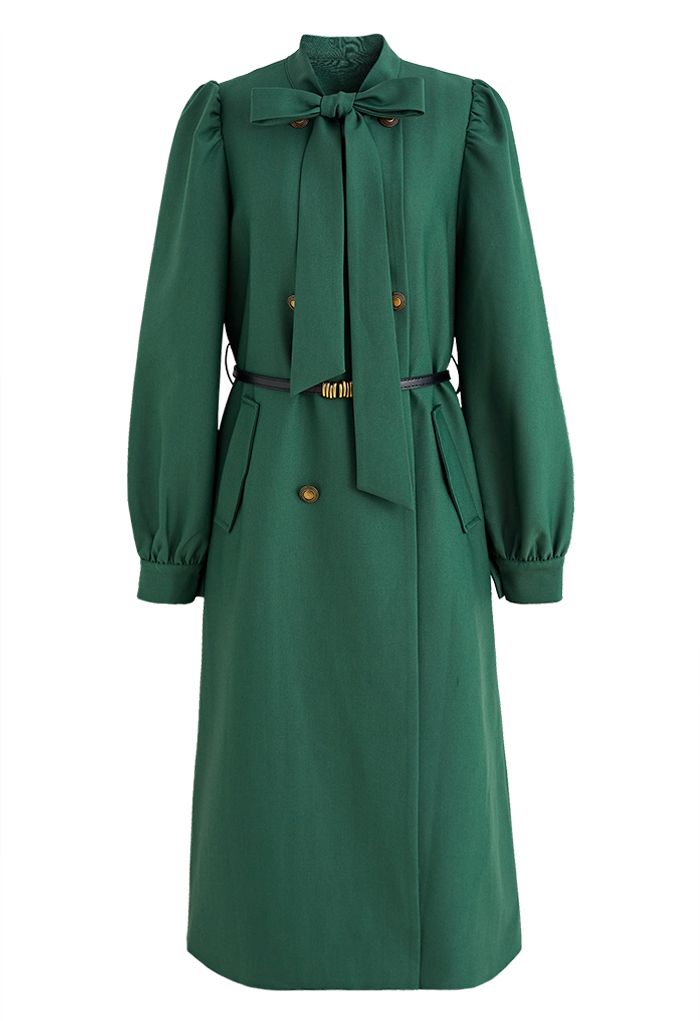 Manteau ceinturé à double boutonnage avec nœud papillon Exquis en Vert Foncé