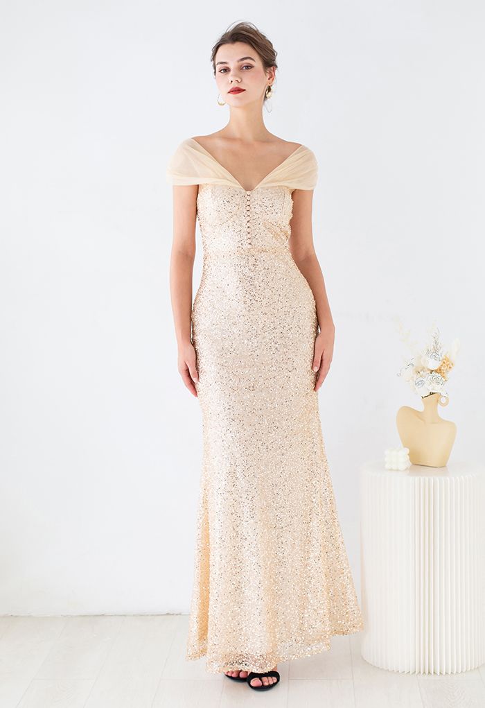 Robe Sirène à Paillettes et Epaule en Maille en Beige Clair