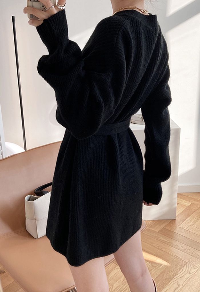 Robe pull côtelée à ceinture en noir