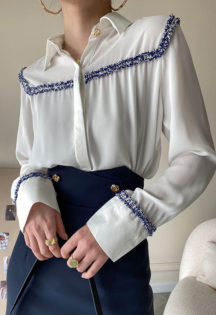 Chemise boutonnée décorée de tweeds