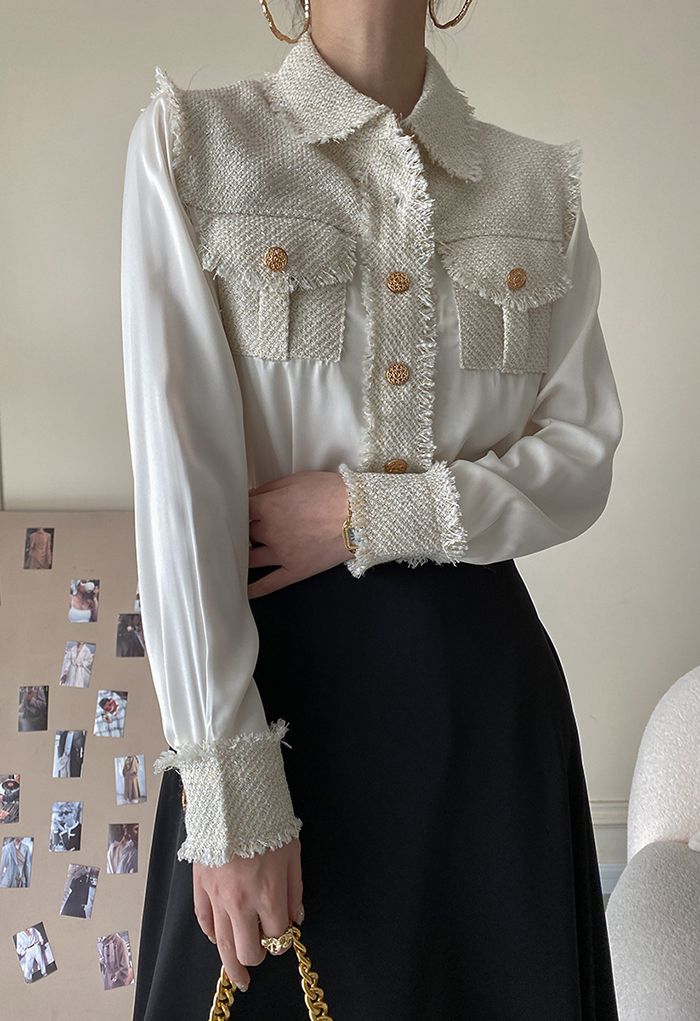Chemise boutonnée en tweed épissé en blanc