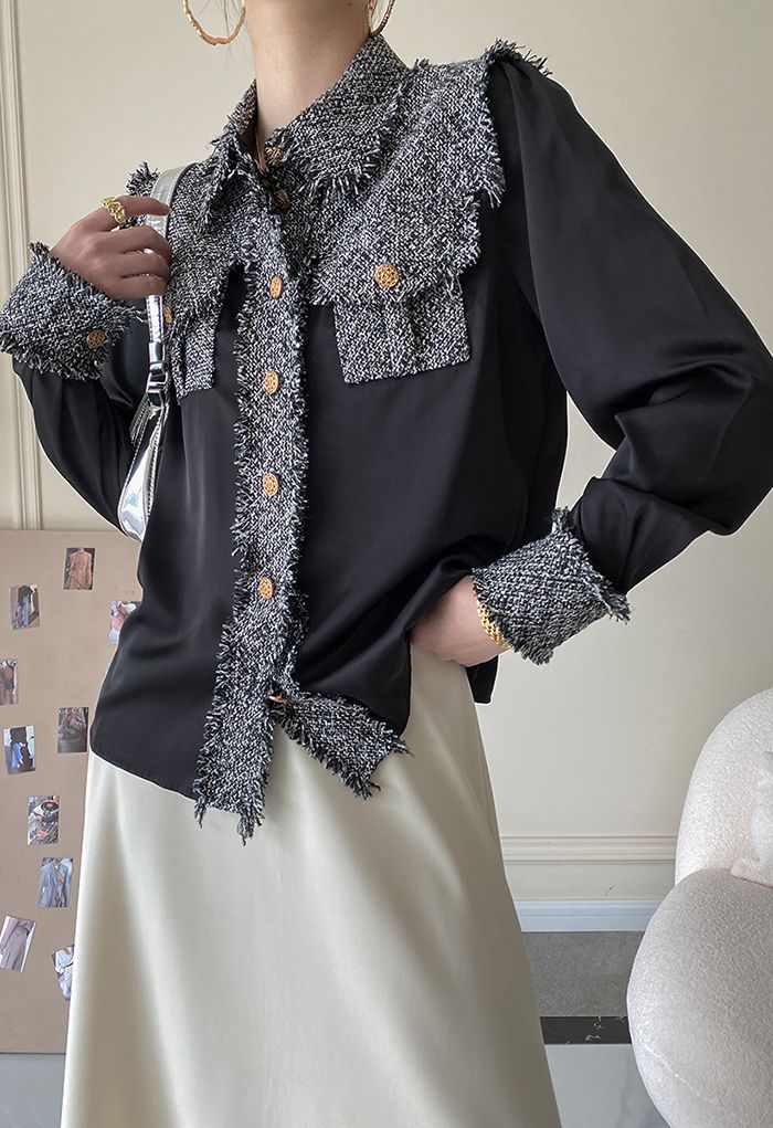 Chemise boutonnée en tweed épissé en noir