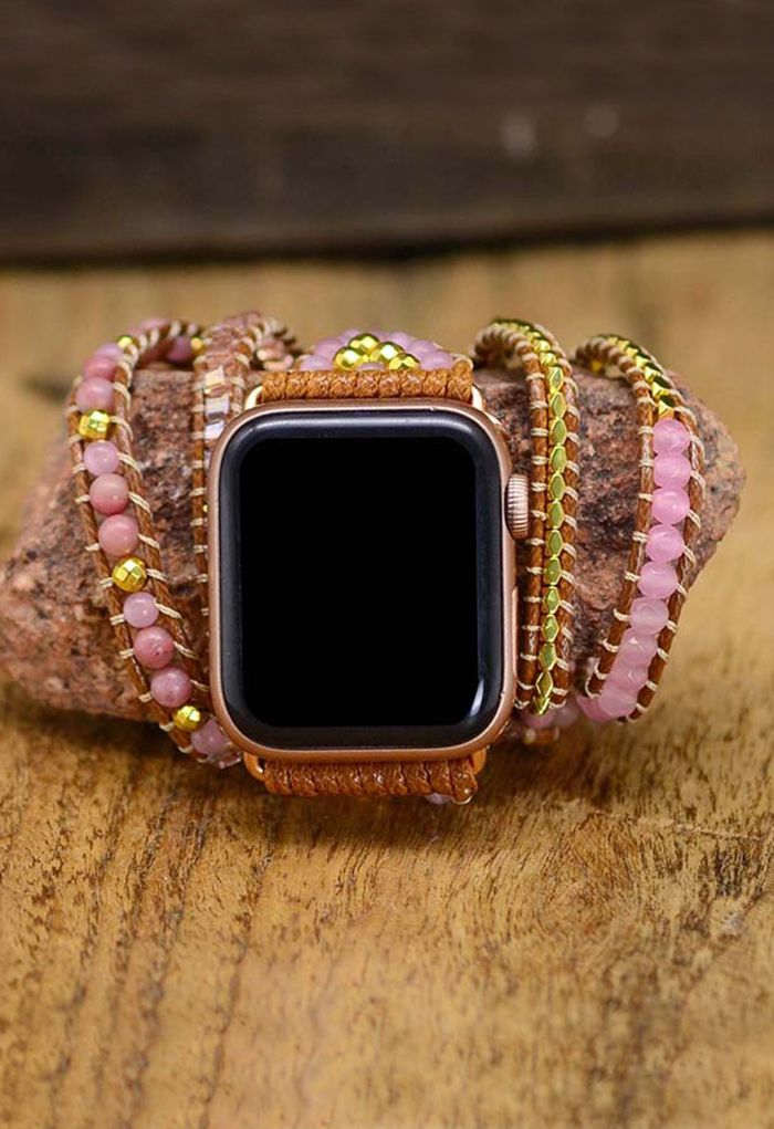 Bracelet de montre tressé cinq couches en cristal rose