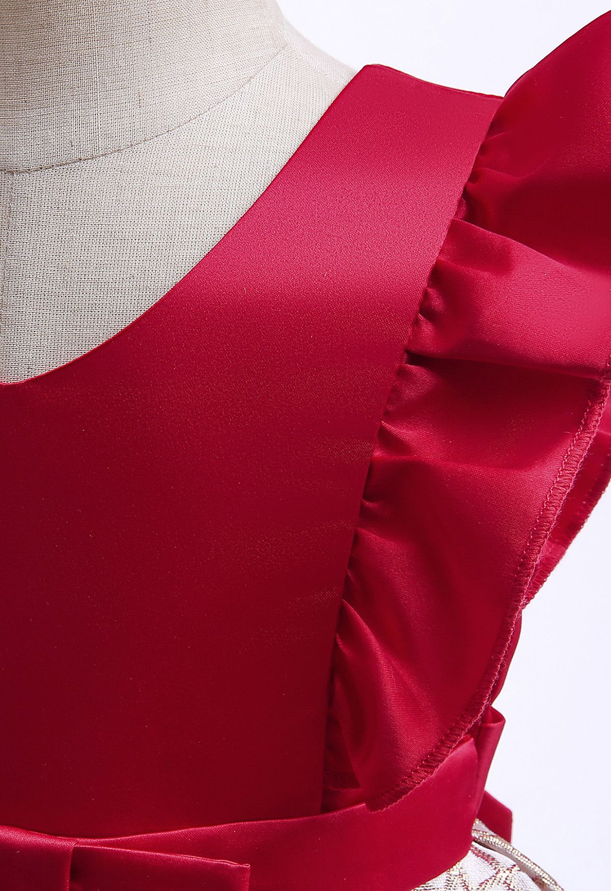 Robe plissée en jacquard feuille à volants avec nœud papillon pour filles en rouge