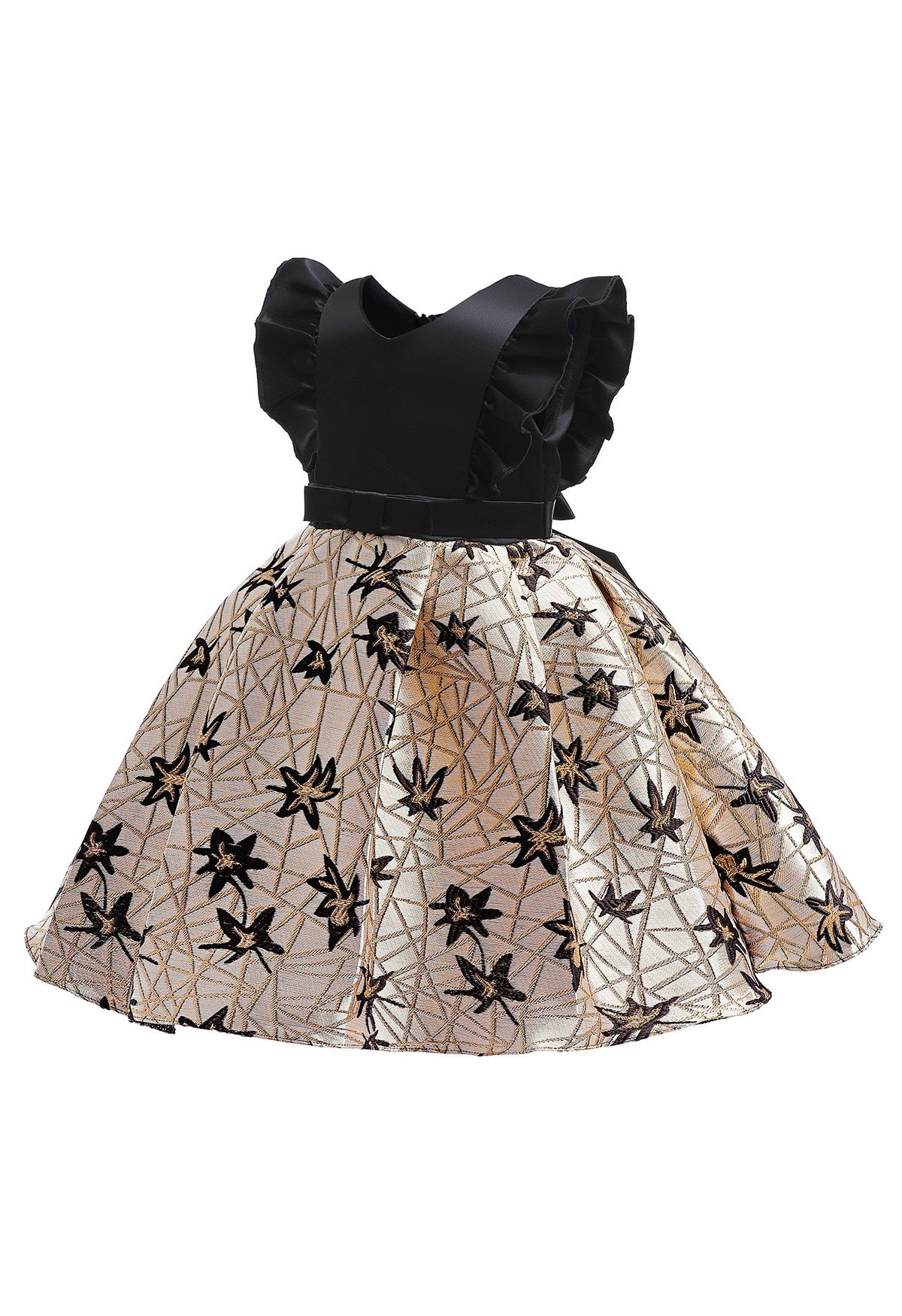 Robe plissée en jacquard feuille à volants avec nœud papillon pour filles en noir