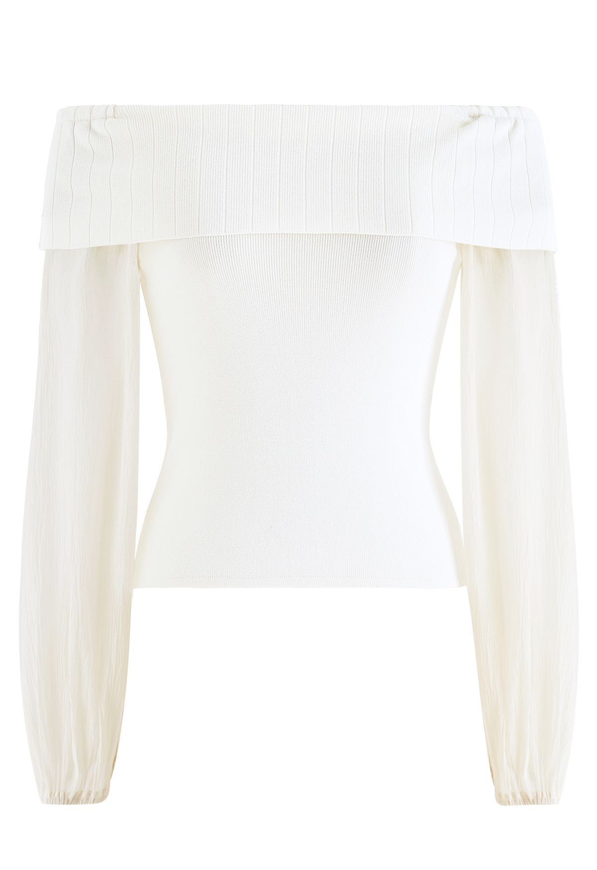 Crop top en tricot à manches transparentes et épaules dénudées en crème