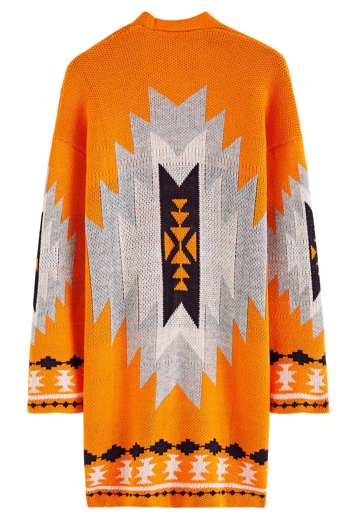 Cardigan long en tricot à motif géométrique rétro ouvert sur le devant