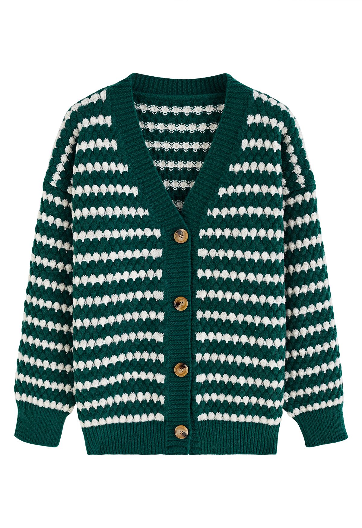 Cardigan en tricot gaufré rayé boutonné en vert