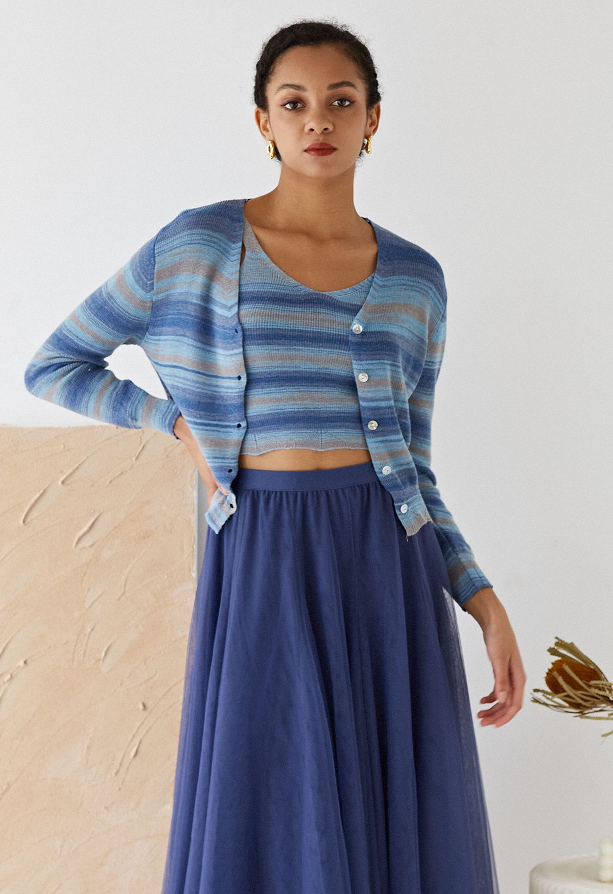 Mixcolor Striped Cami Crop Top et Cardigan Set en Bleu