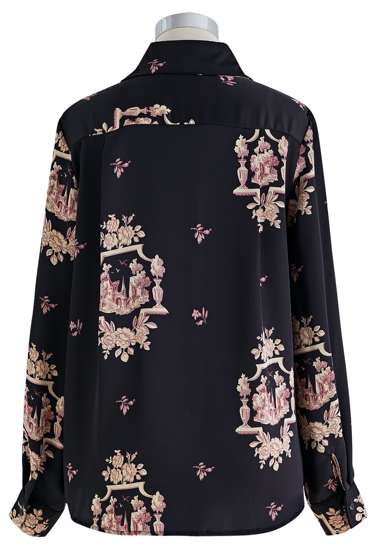 Chemise boutonnée en satin à imprimé château floral en noir