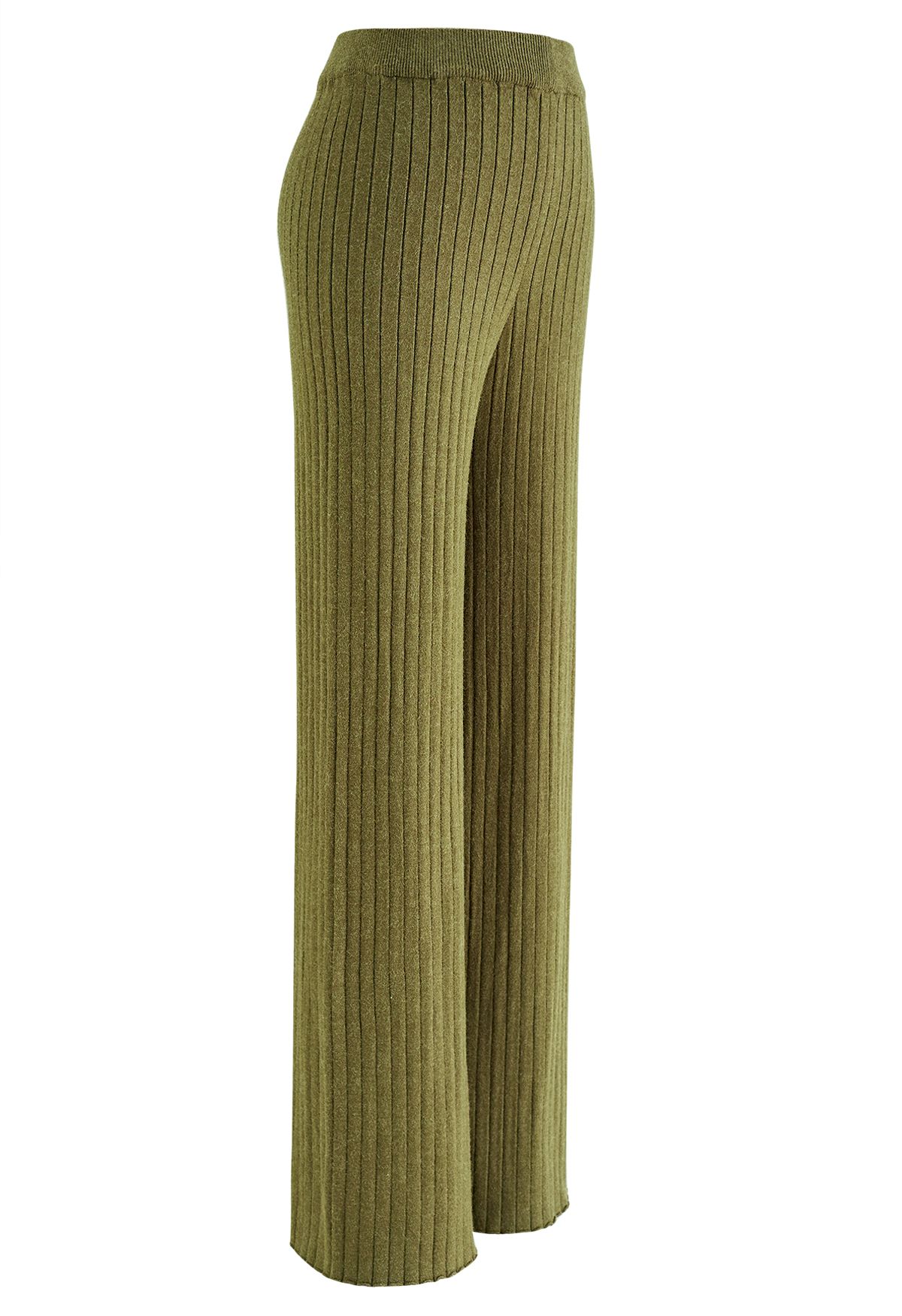 Pantalon en tricot côtelé à jambe droite en vert mousse