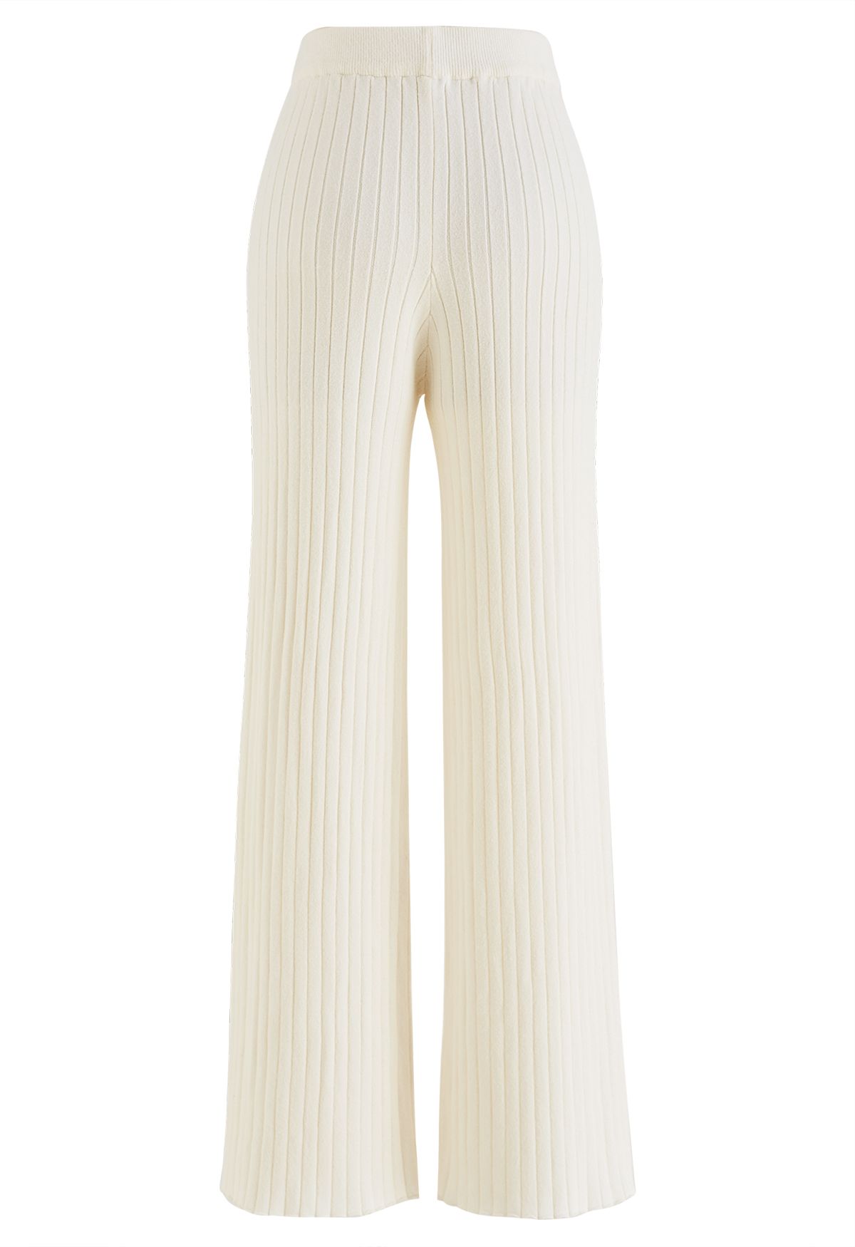 Pantalon en tricot côtelé à jambe droite en crème