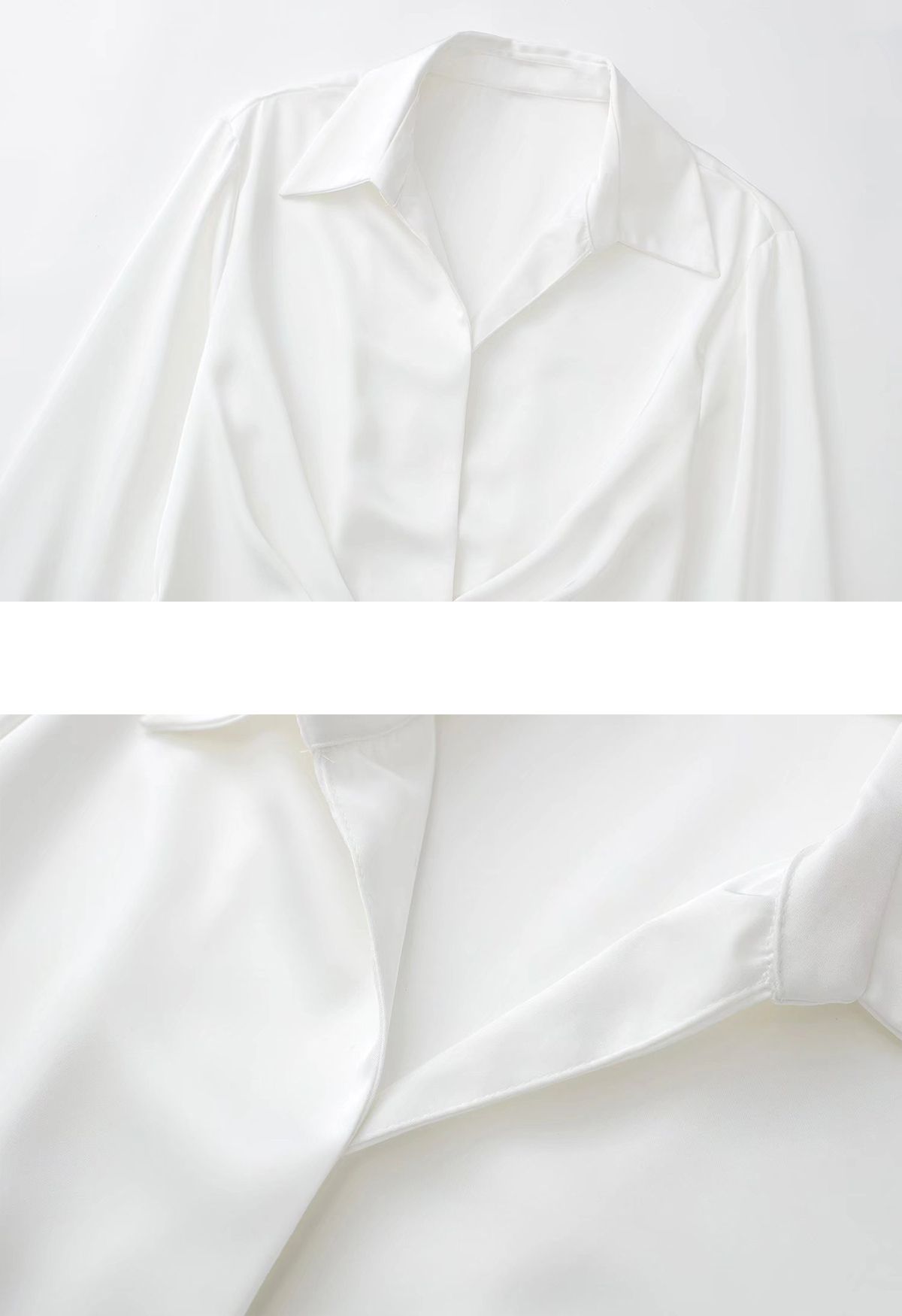 Robe chemise en satin à col en V froncé sur le devant en blanc