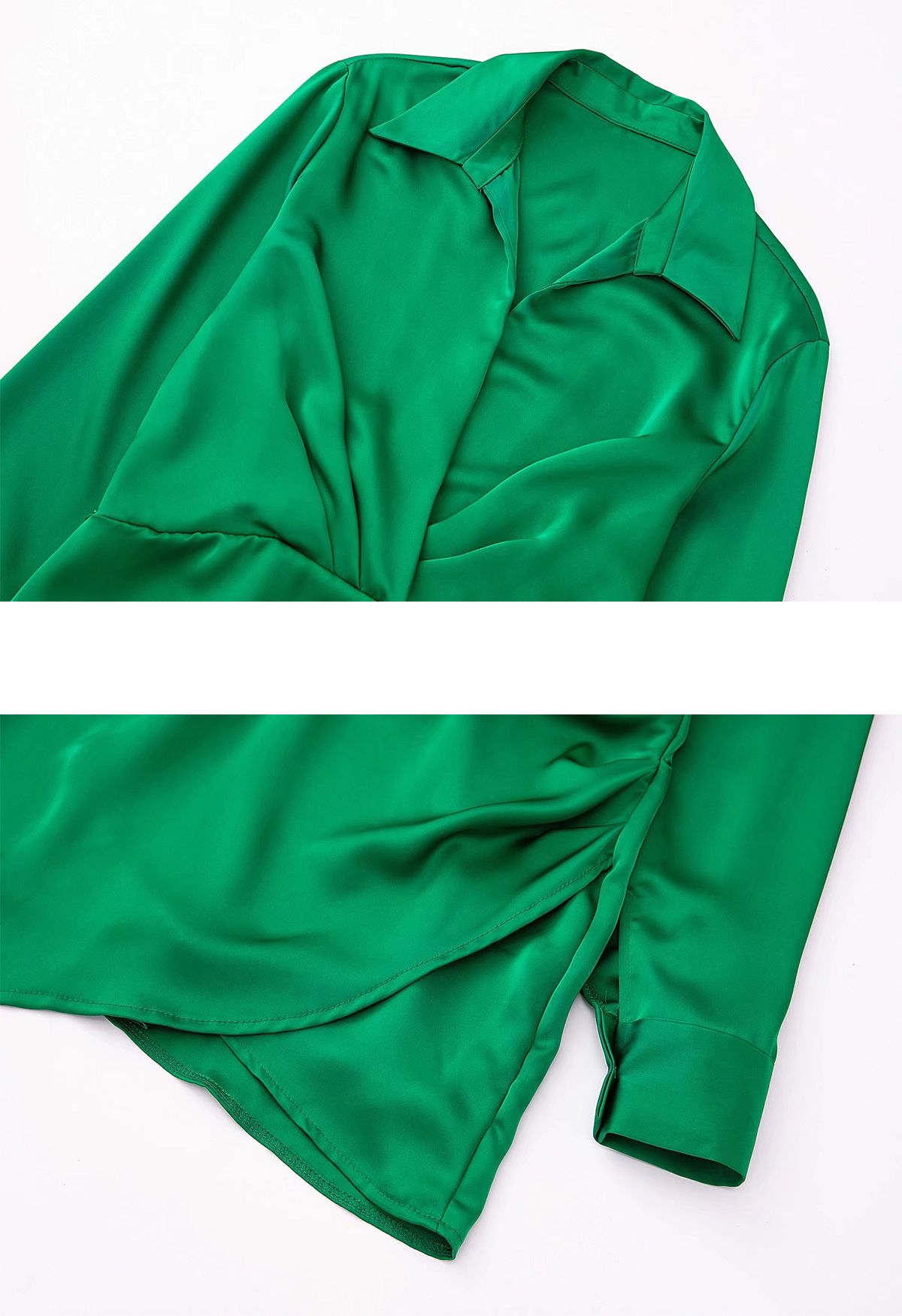 Robe chemise en satin à col en V froncé sur le devant en vert