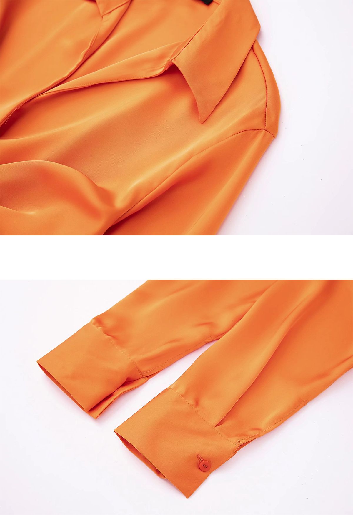 Robe chemise en satin à col en V froncé sur le devant en orange