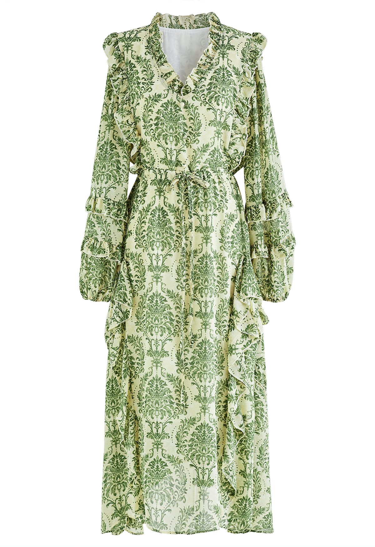 Élégante robe en mousseline de soie à la taille et à volants en vert