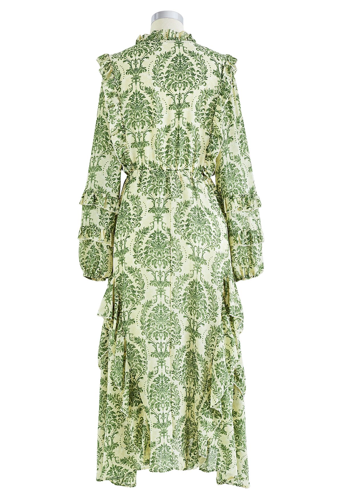 Élégante robe en mousseline de soie à la taille et à volants en vert