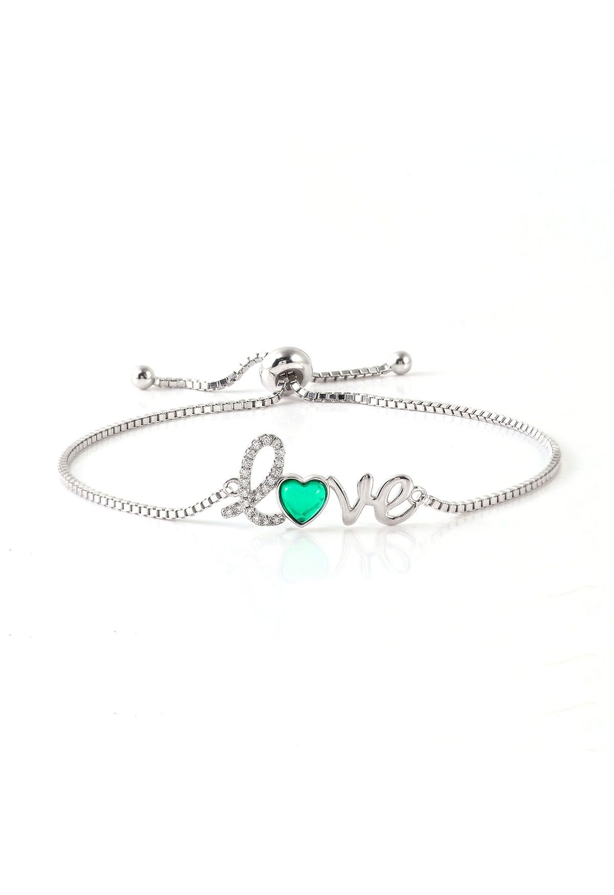 Bracelet émeraude en forme de coeur avec signe d'amour