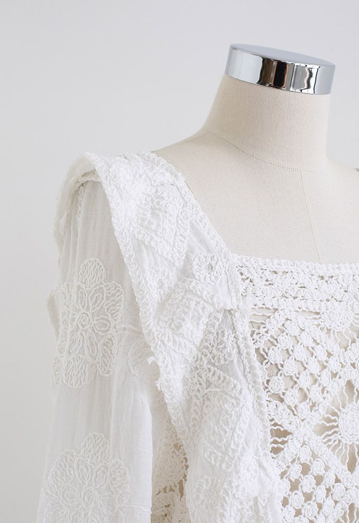 Ensemble haut et short en coton crocheté à fleurs évidées en blanc