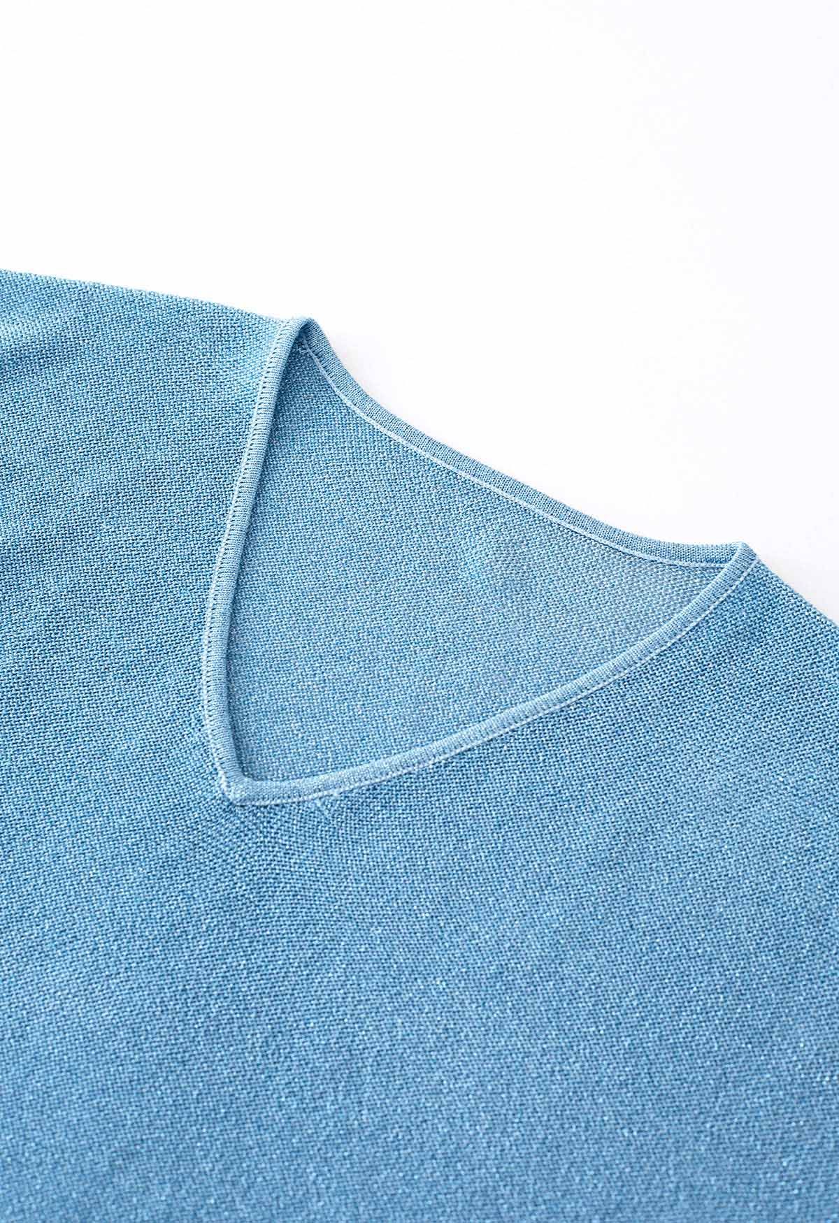 Haut sans manches à col en V en tricot scintillant en bleu