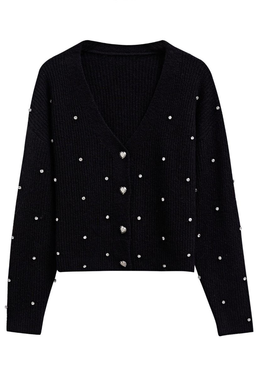 Cardigan en tricot boutonné orné de strass en noir