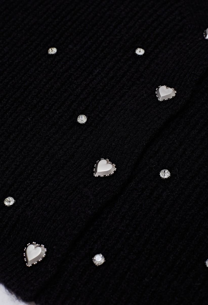 Cardigan en tricot boutonné orné de strass en noir