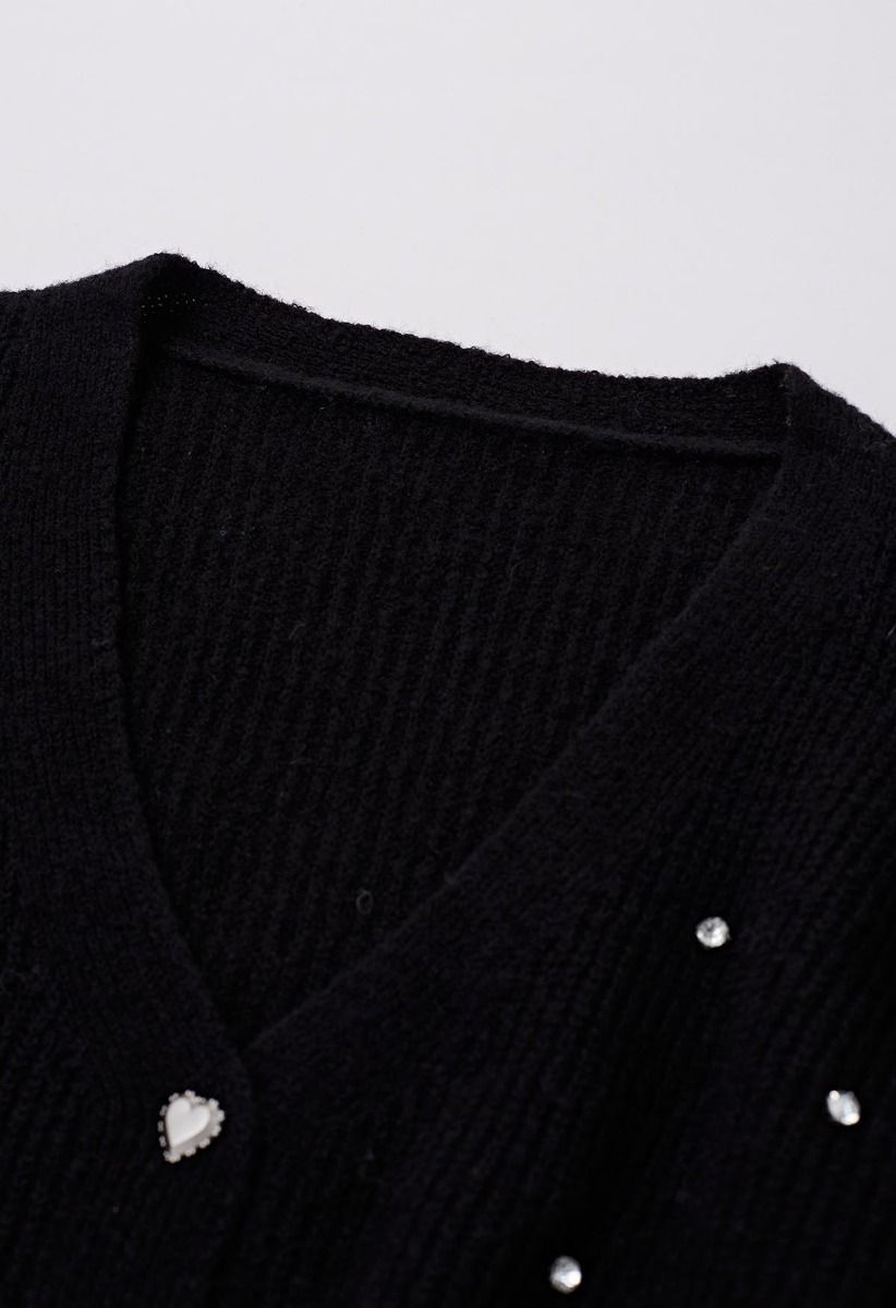 Cardigan en tricot boutonné orné de strass en noir