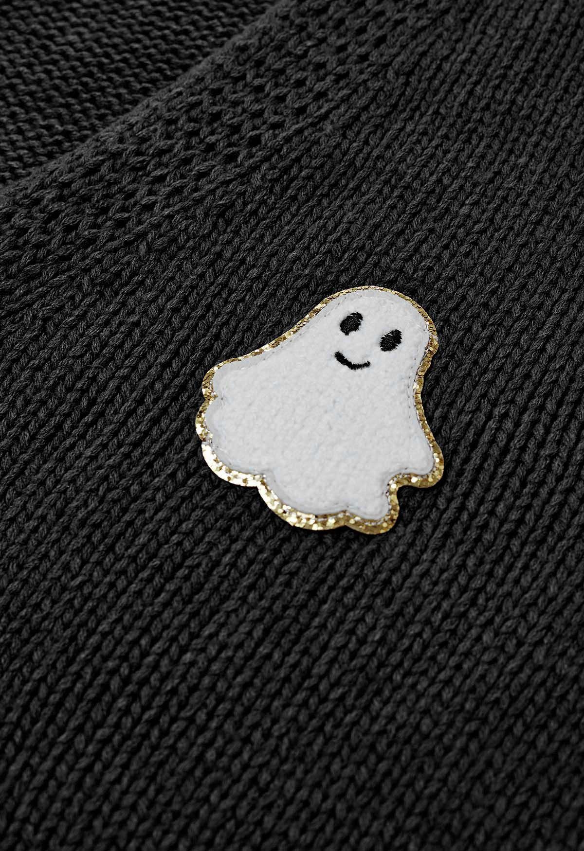 Cardigan en tricot boutonné avec patch fantôme d'Halloween en noir