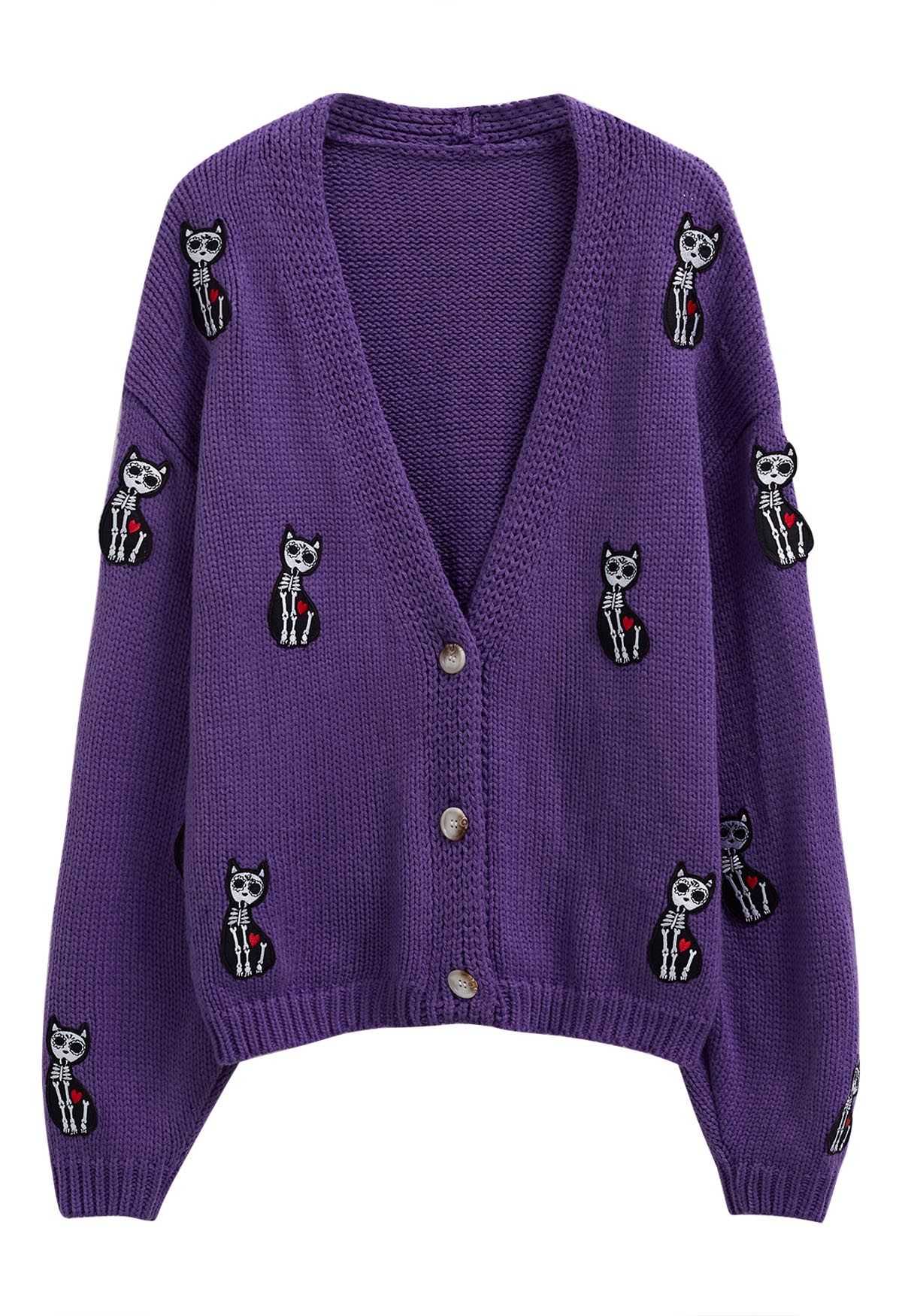 Cardigan en tricot boutonné chat squelette