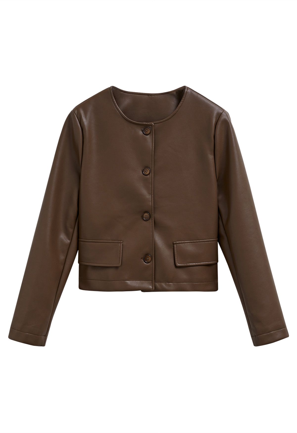 Veste courte boutonnée en similicuir marron