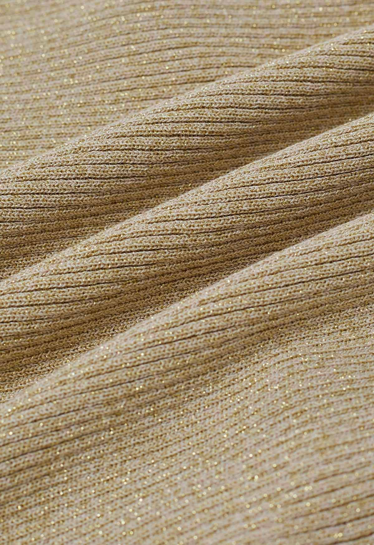 Haut en tricot épissé à manches bouffantes et col carré perlé en sable
