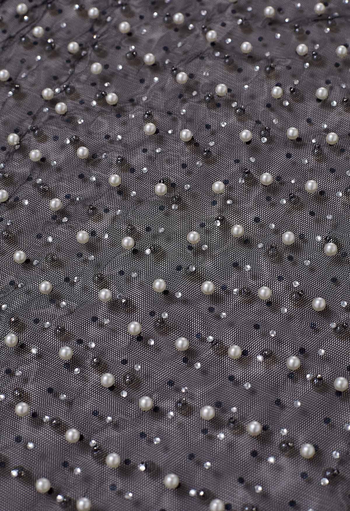 Haut en maille transparente orné de perles complètes en noir