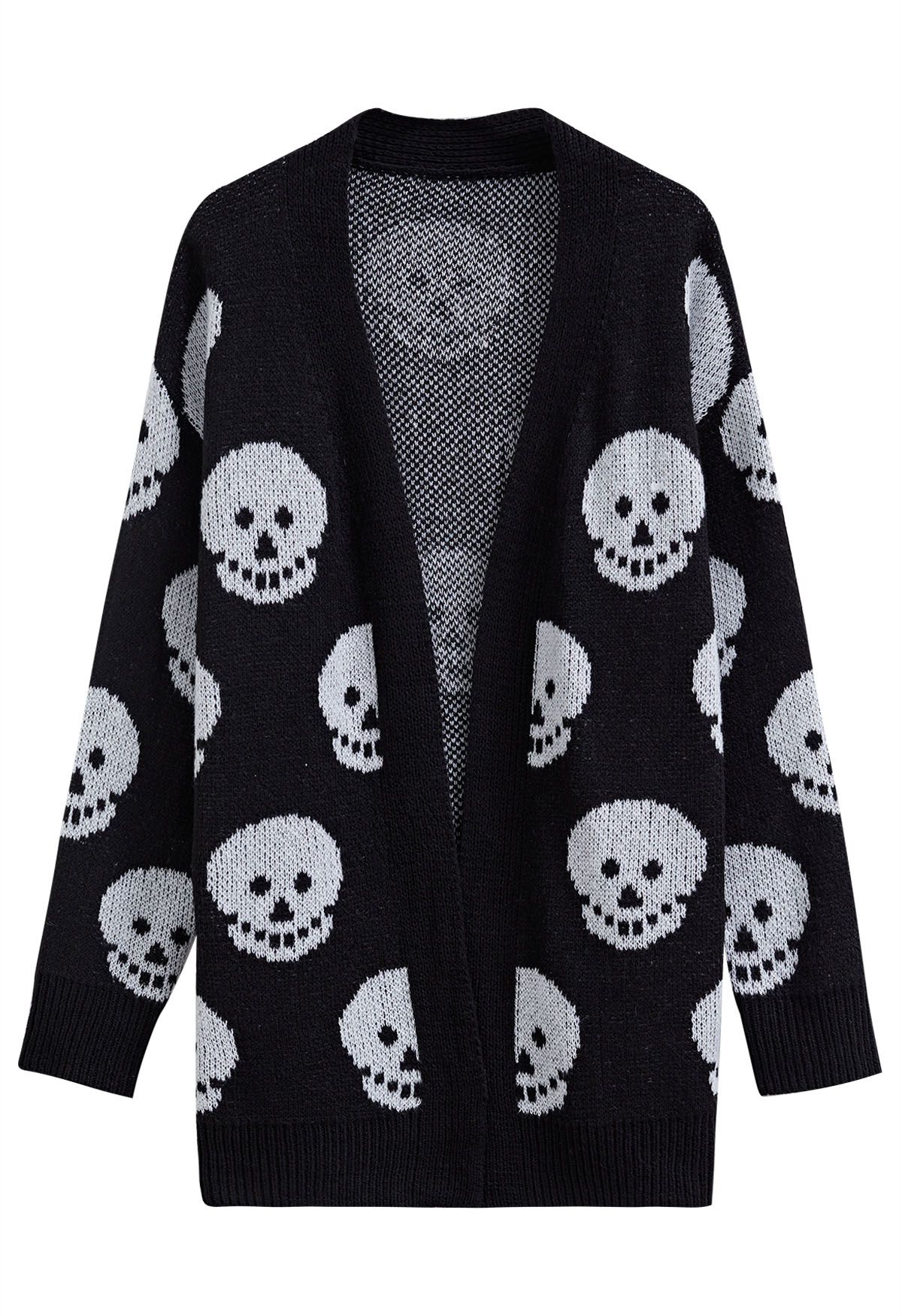 Cardigan long en tricot jacquard tête de mort d'Halloween