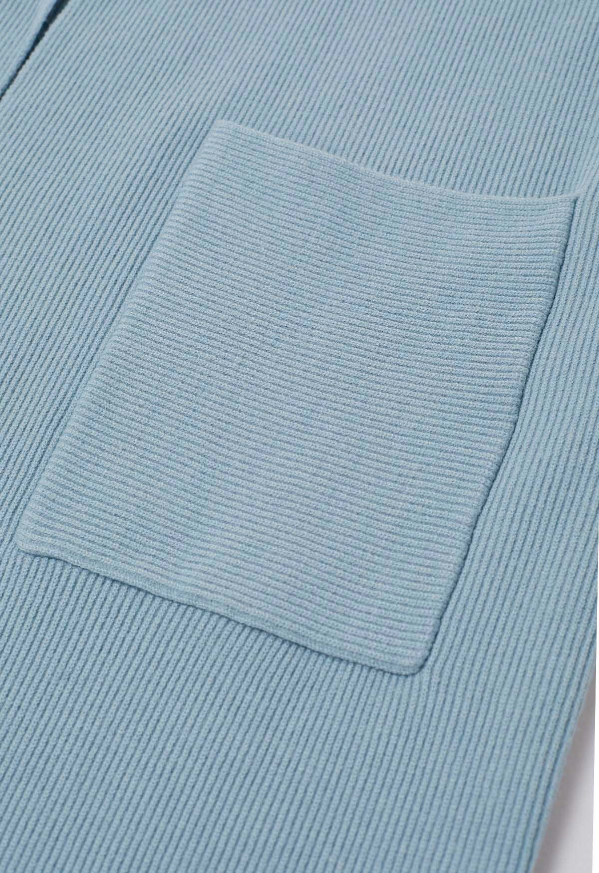 Cardigan long en tricot avec ceinture et revers cranté en bleu