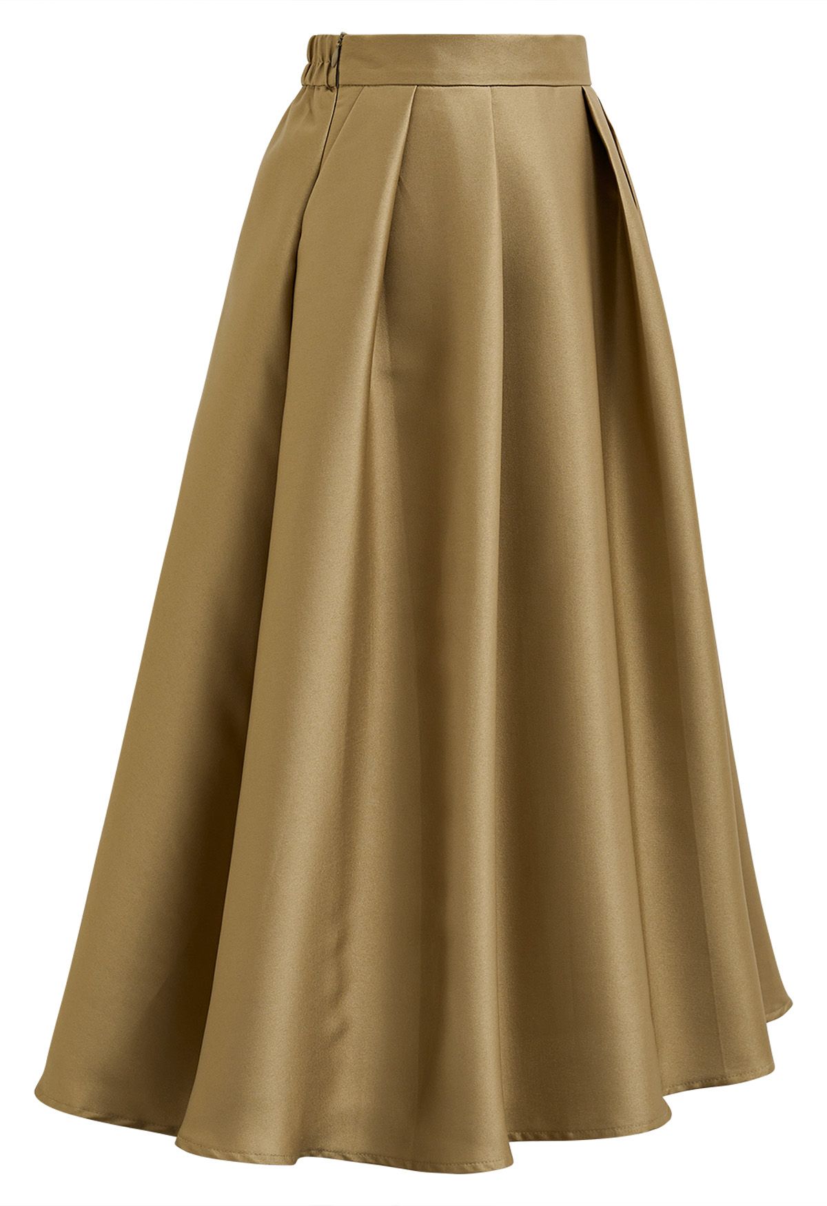 Jupe mi-longue trapèze plissée élégante avec poches latérales en or