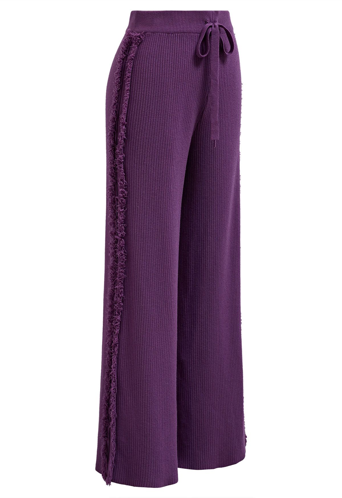 Pantalon en tricot à jambe droite avec bordure à pampilles latérales en violet