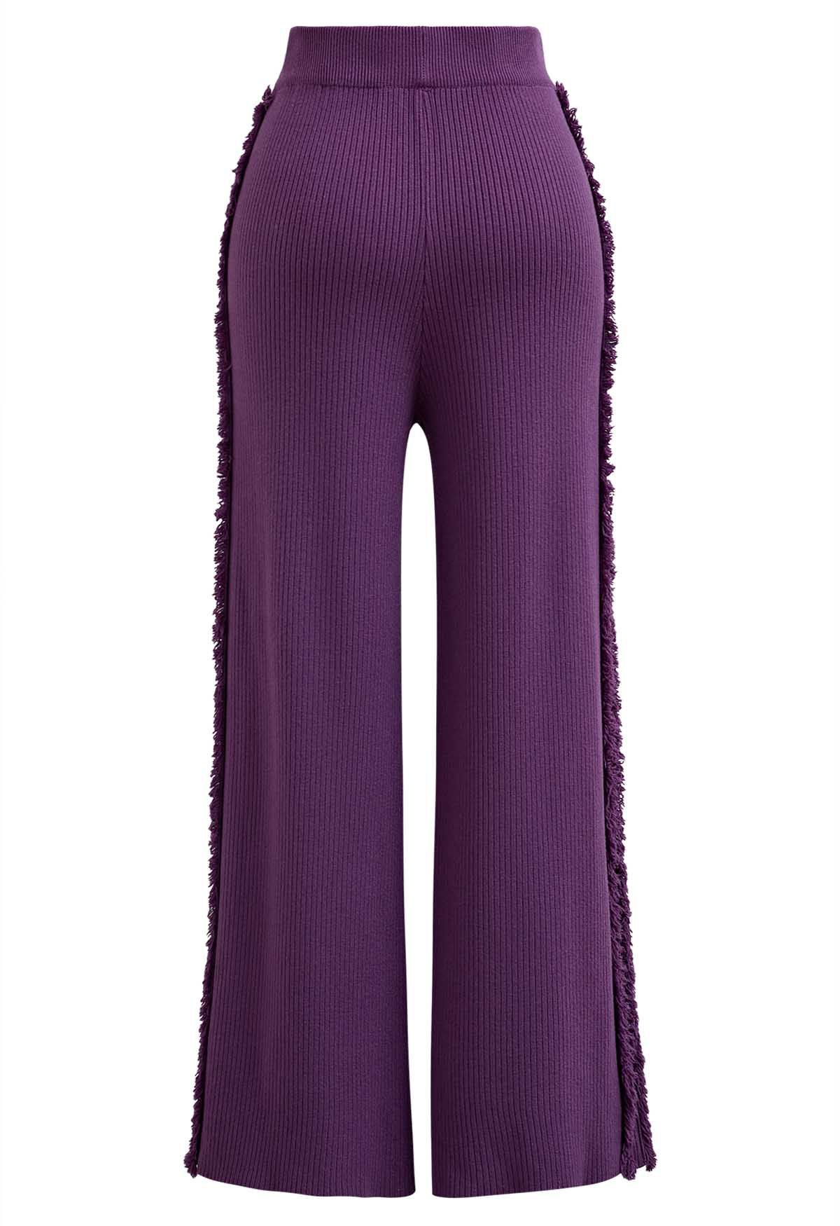 Pantalon en tricot à jambe droite avec bordure à pampilles latérales en violet