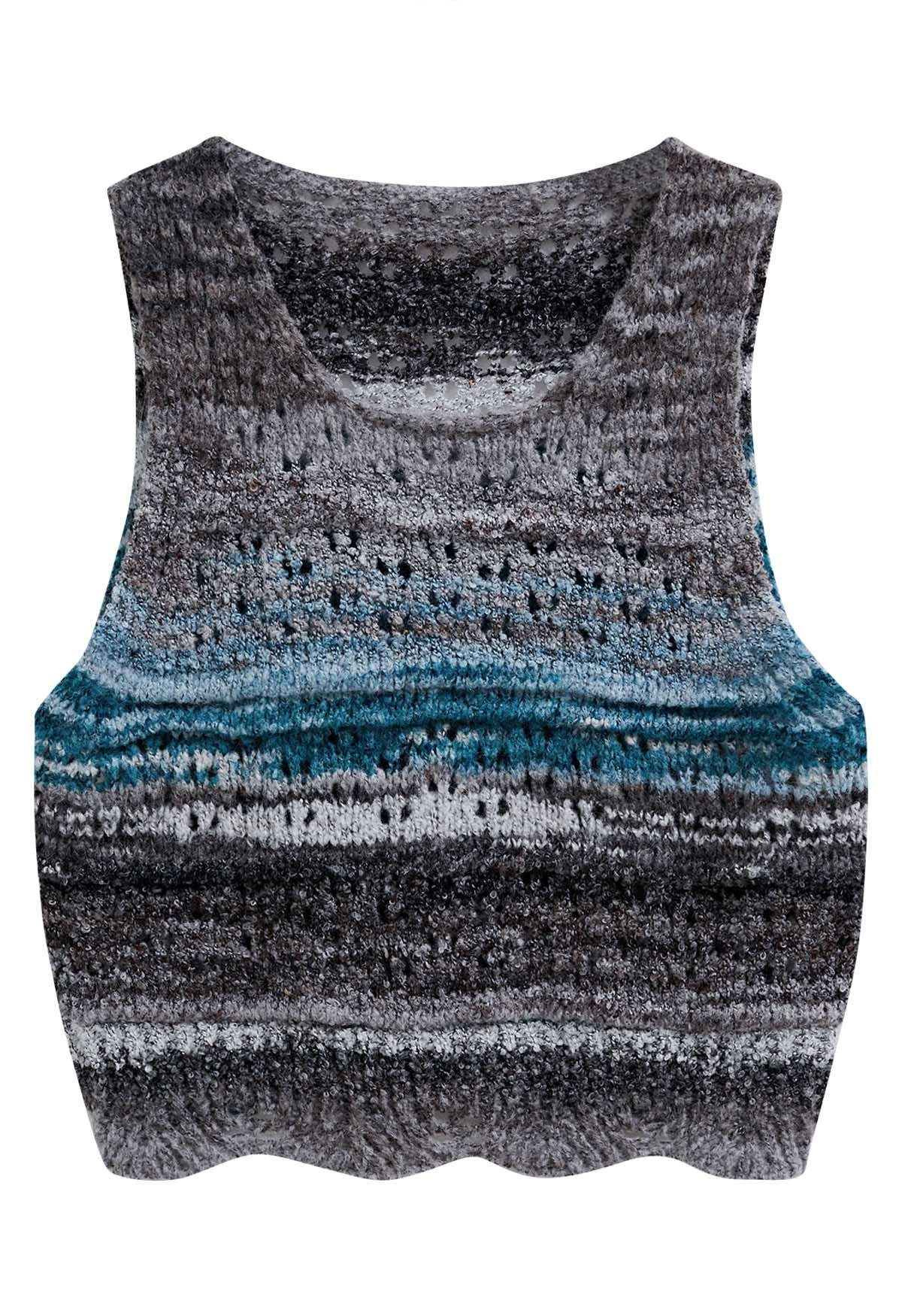 Gilet en tricot ajouré à rayures multicolores en bleu