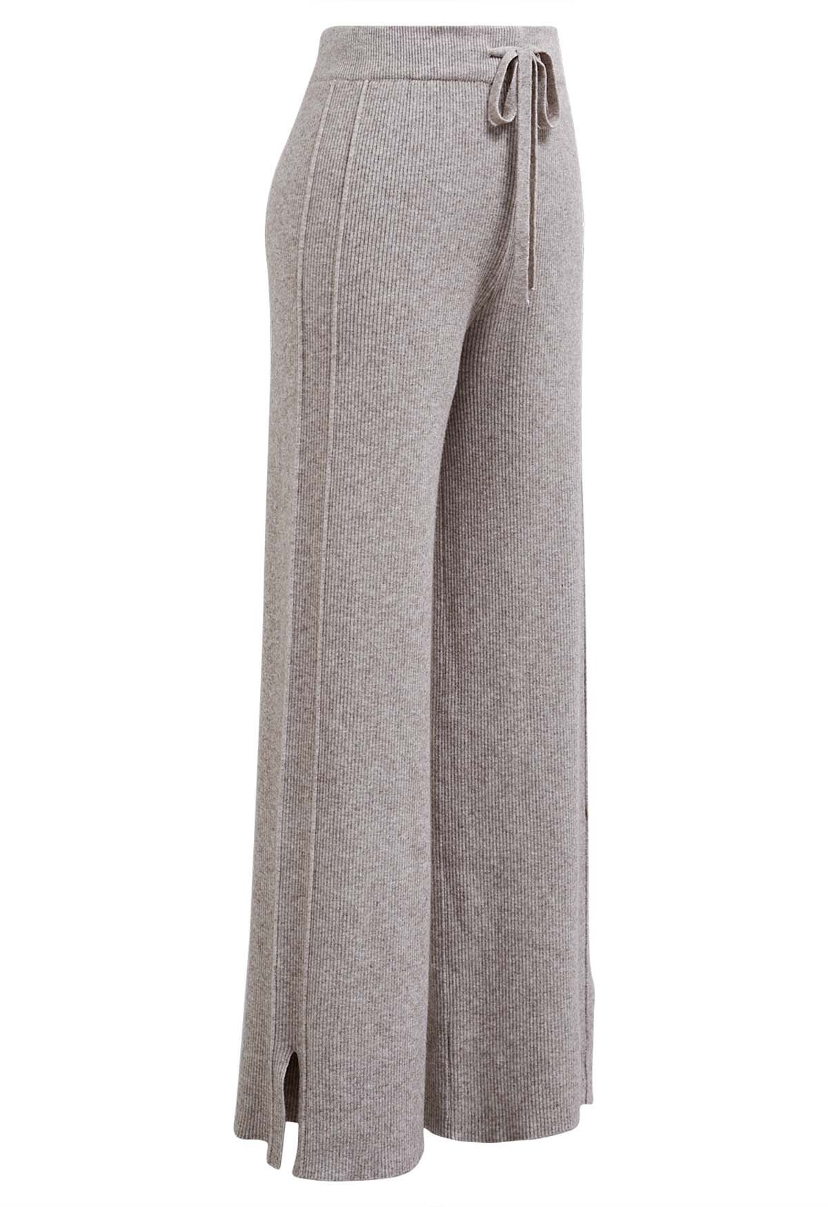 Pantalon en tricot à fente latérale avec cordon de serrage à la taille, taupe