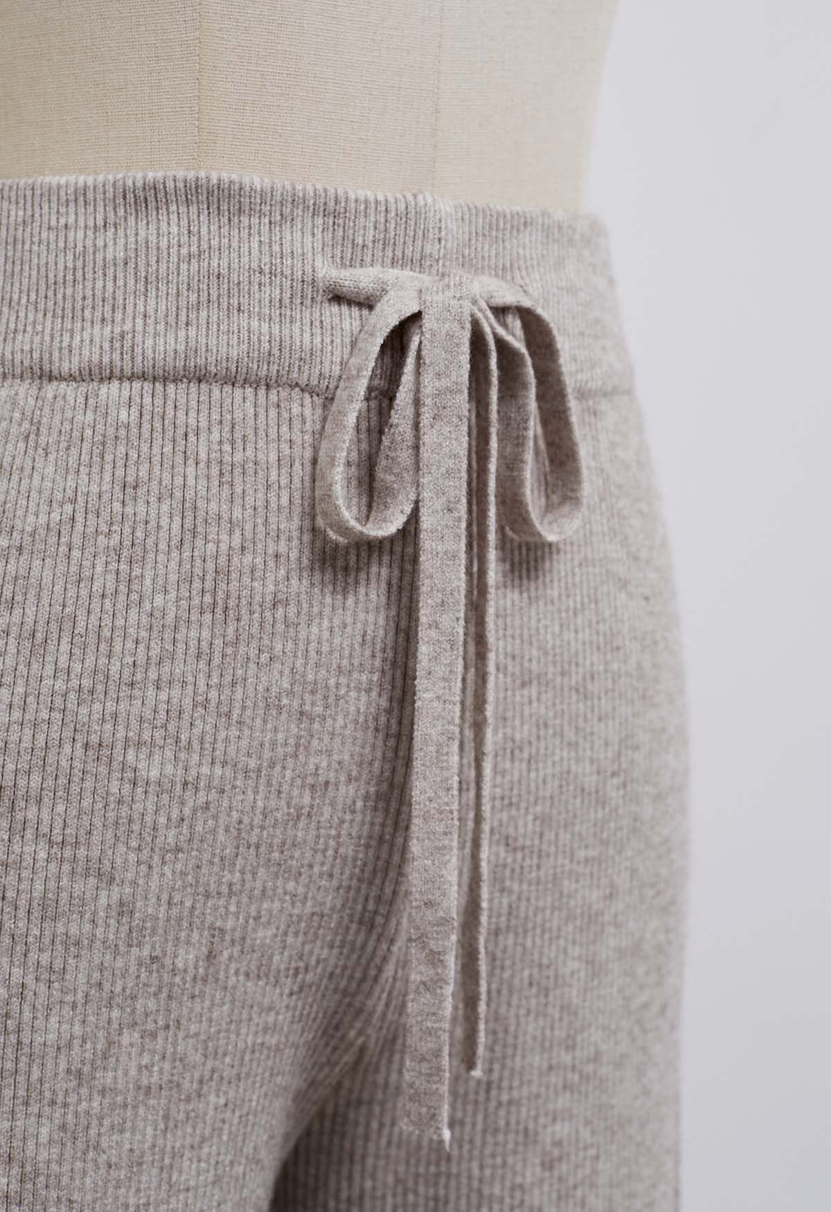 Pantalon en tricot à fente latérale avec cordon de serrage à la taille, taupe