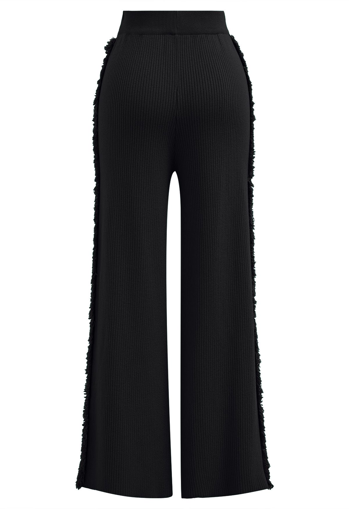 Pantalon en tricot à jambe droite avec franges latérales en noir