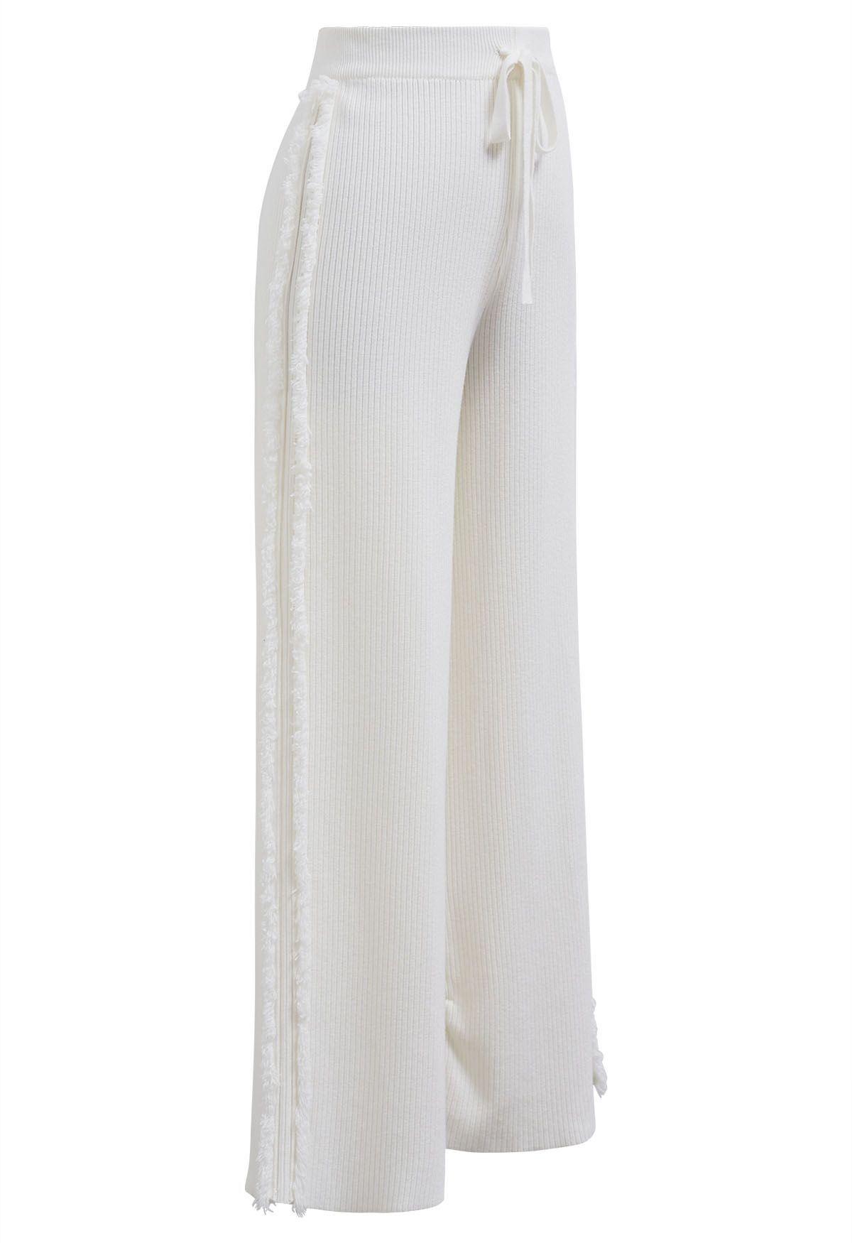 Pantalon en tricot à jambe droite avec bordure à pampilles latérales, blanc
