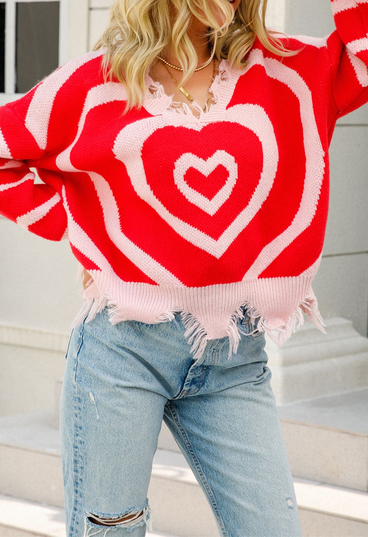 Pull en Tricot à Bord Effiloché Coeur Multicouche en Rouge