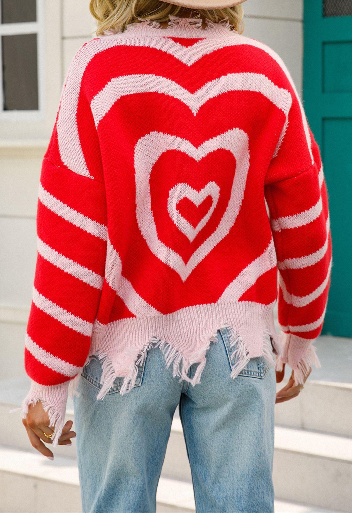 Pull en Tricot à Bord Effiloché Coeur Multicouche en Rouge