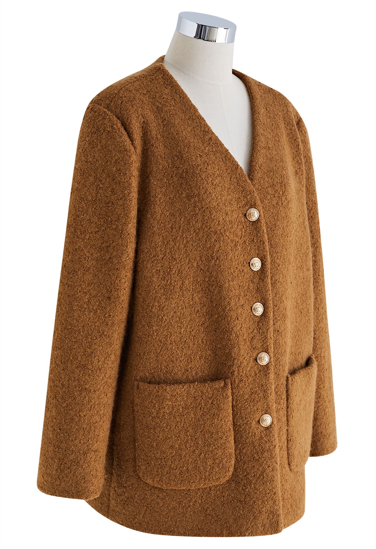Manteau boutonné sans col en laine mélangée en caramel