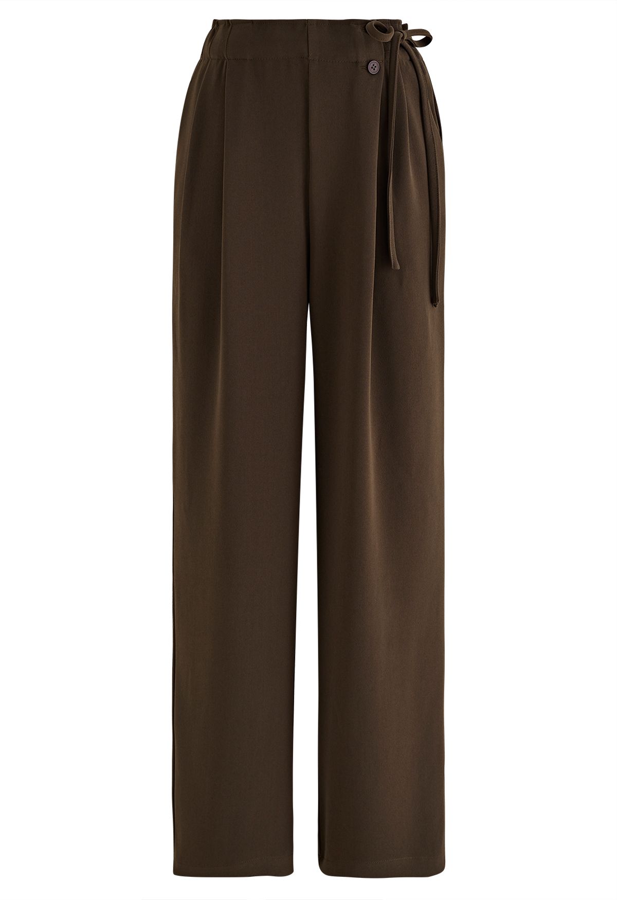 Pantalon droit plissé à cordon de serrage sur le côté en marron