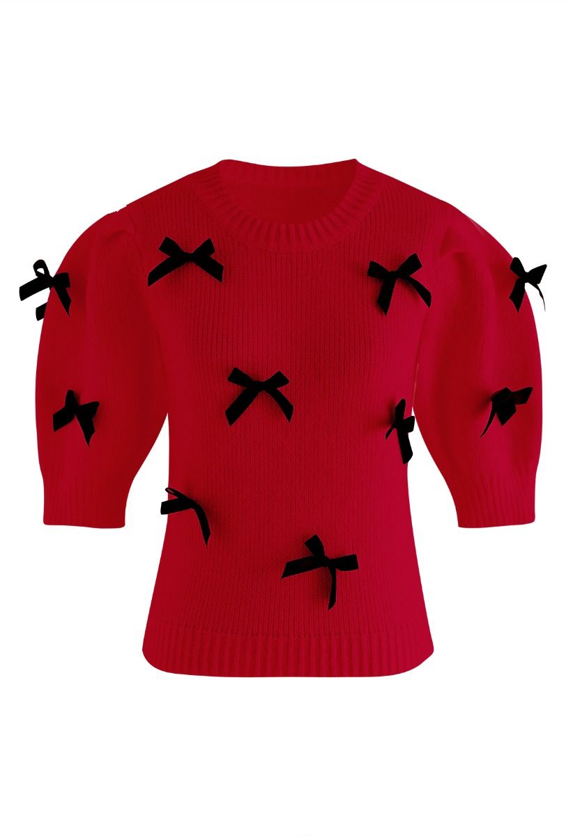 Bowknot Embellished Short Sleeve Knit Sweater in Red