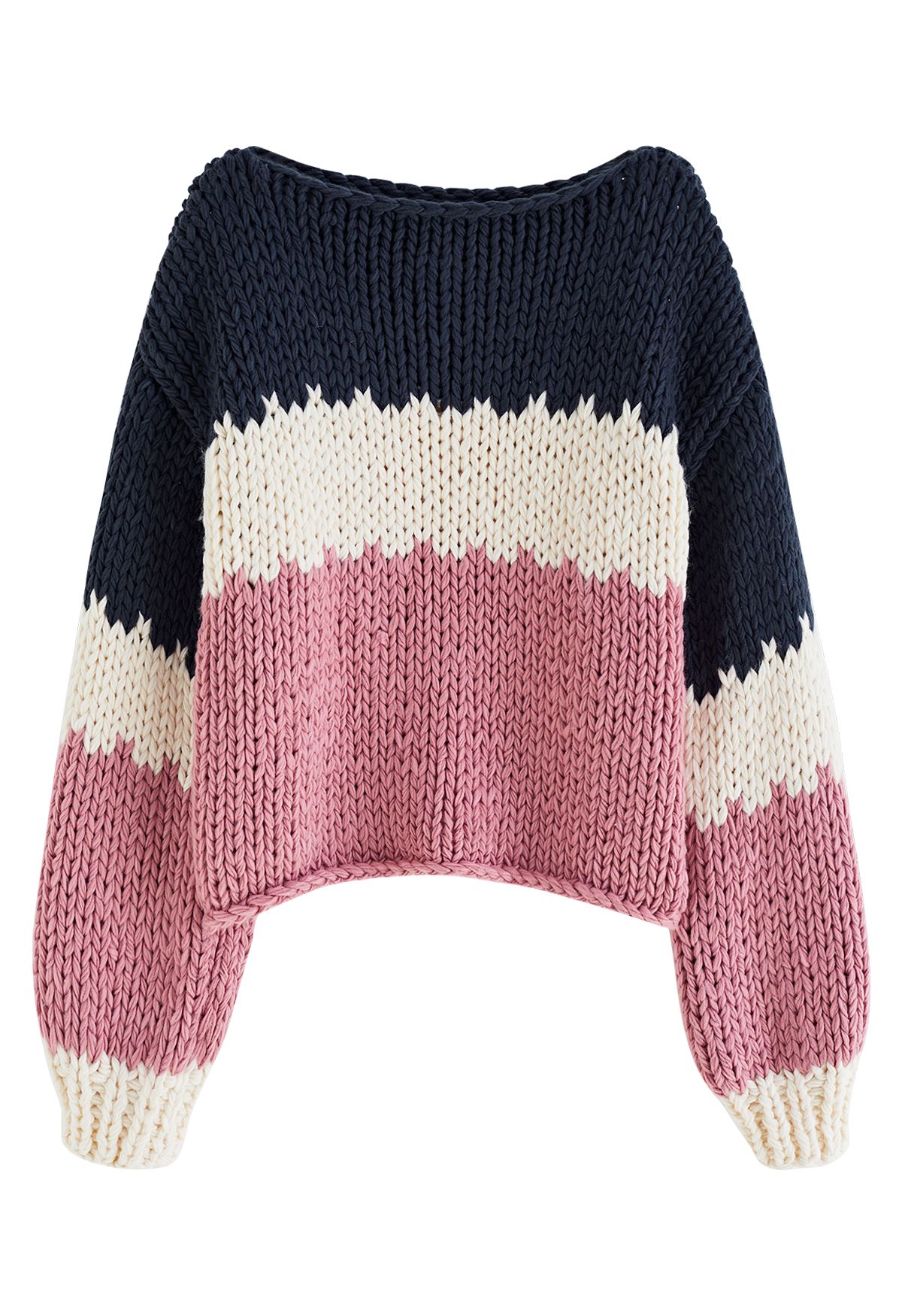 Pull épais en tricot à la main avec blocs de couleurs et manches ballon en rose
