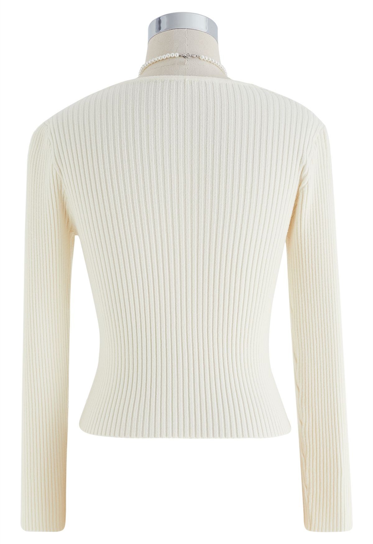 Pearl Halter Neck Ribbed Knit Top in Cream