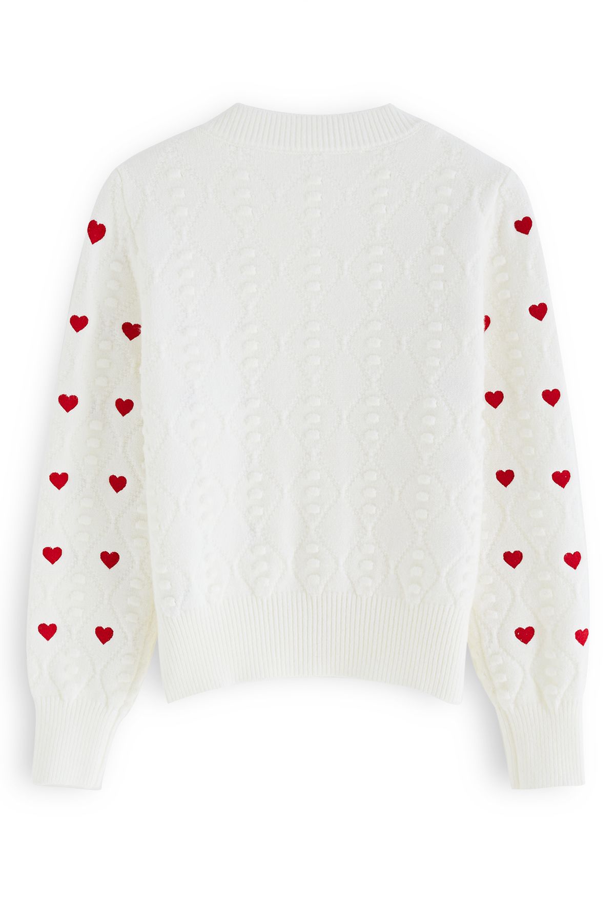 Hearts Embroidered Emboss Knit Buttoned Cardigan in White